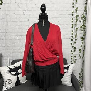 Reitmans y2k style bright red faux wrap sweater adjusted waist plunge neck sz M